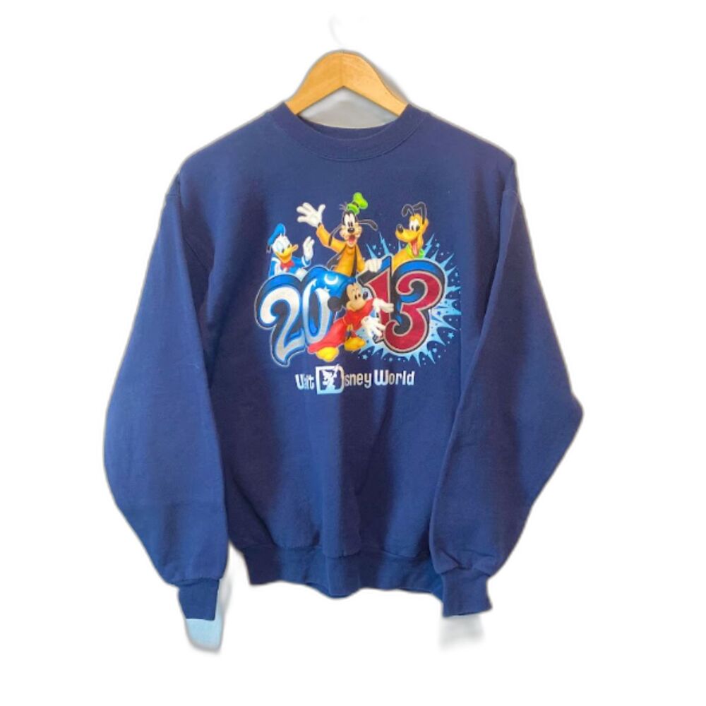 Vintage Disney Parks 2013 Sweatshirt Mickey Mouse Goofy Pluto Donald Blue M